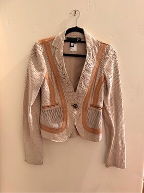 Just Cavalli Leather Beige Blazer with Tan Trim Detail